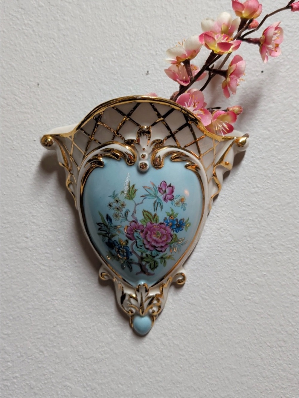 Porcelain Heart Wall Pocket with Pink Floral Motif and Gold Accents